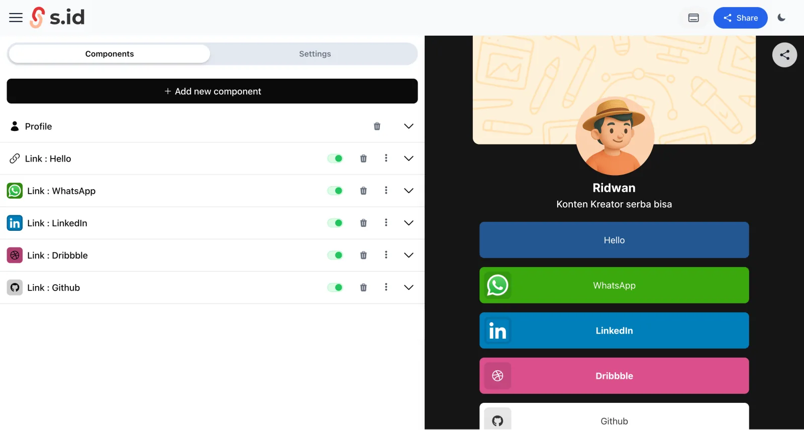 The s.id Microsite editor for arranging content and links