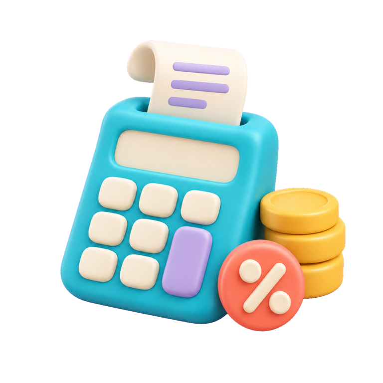 Illustration of a calculator, fee breakdown, and sales coins